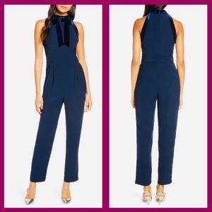 1901 navy blue Velvet Trim Halter Jumpsuit EUC